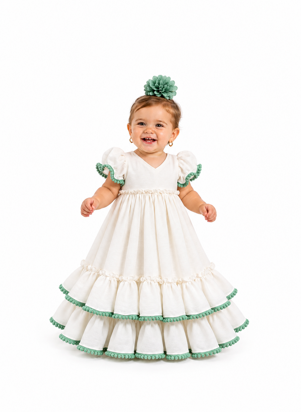 TRAJE FLAMENCA BEBE MARTINA BLANCO BORLON VERDE JABONOSO