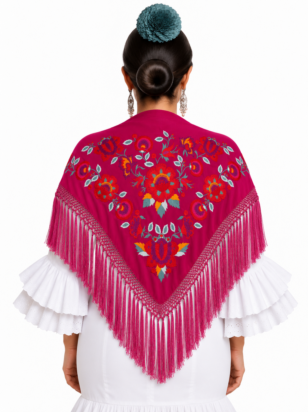 MANTON SEDA ARACELI FUCSIA BORDADO ROJO