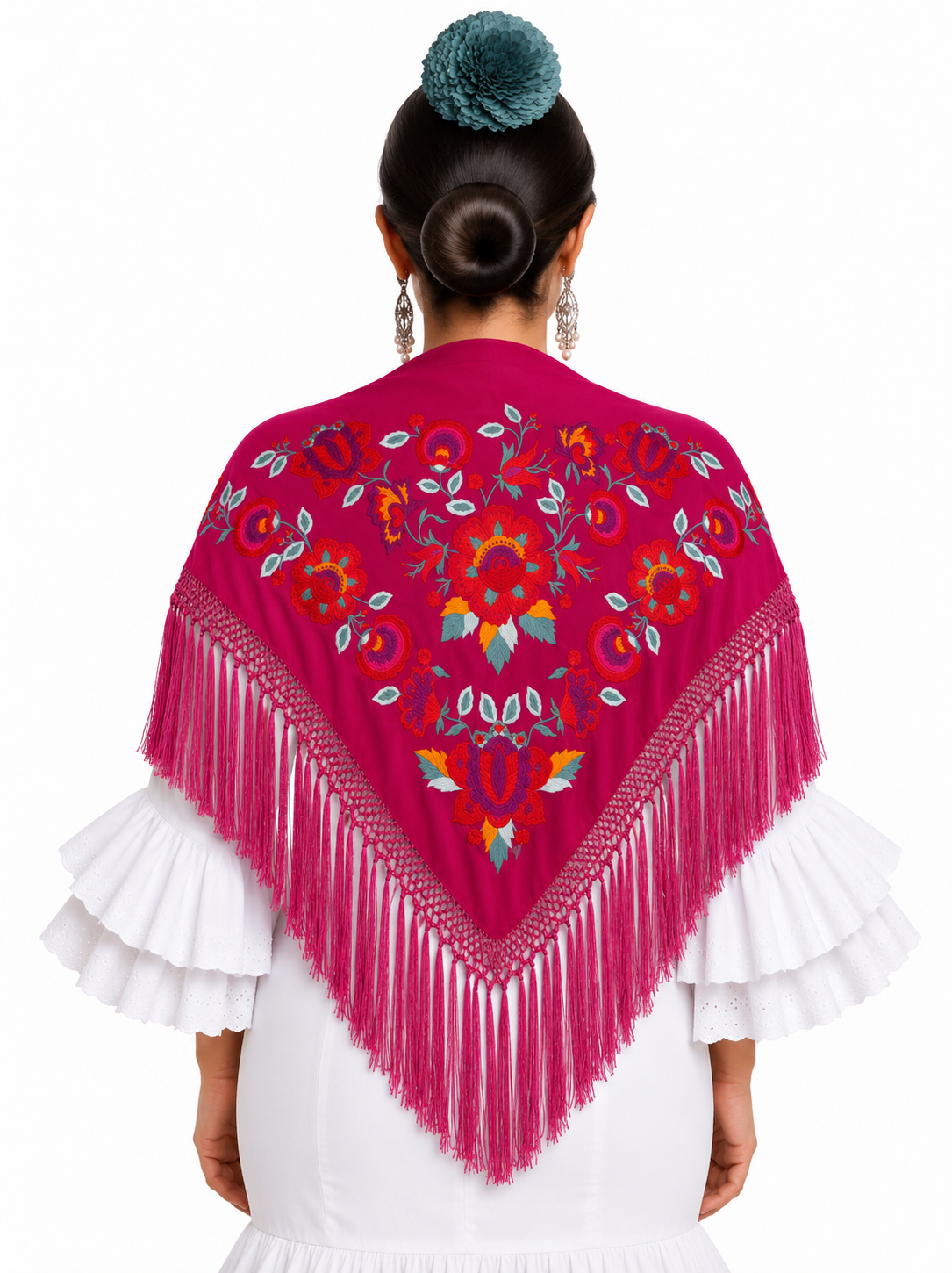 MANTON SEDA ARACELI FUCSIA BORDADO ROJO