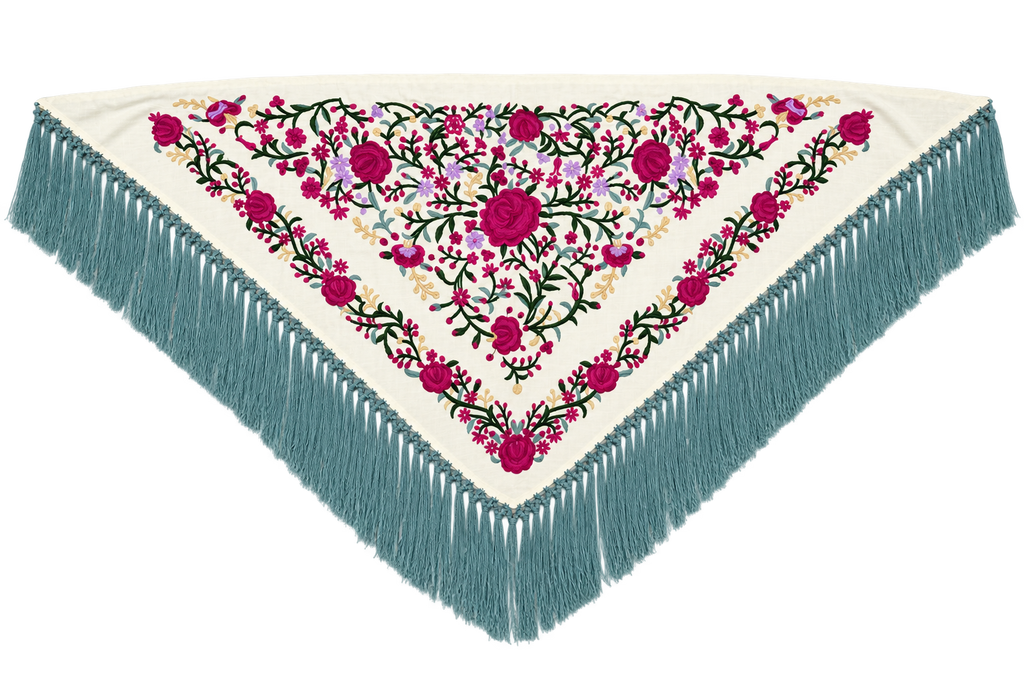 Mantón algodón Carmen beige bordado buganvilla flecos verdes para flamenca, otra vista