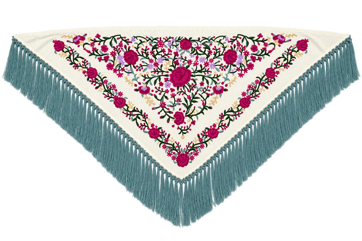 Mantón algodón Carmen beige bordado buganvilla flecos verdes para flamenca, otra vista