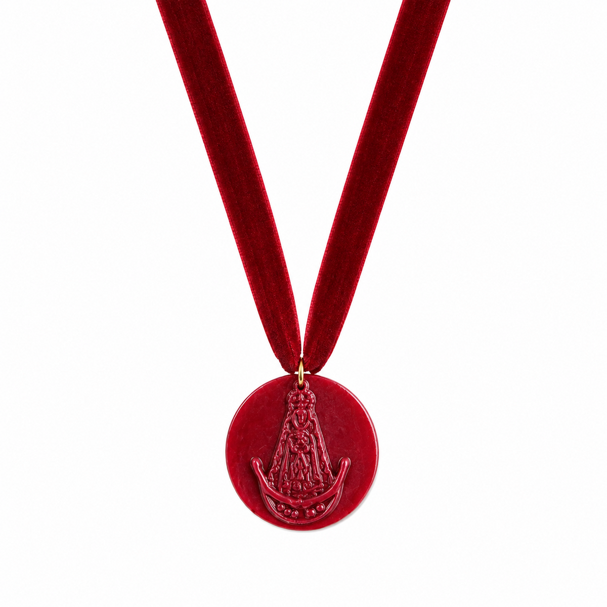 MEDALLITA VIRGEN DEL ROCIO CON TIRA DE TERCIOPELO BURDEOS