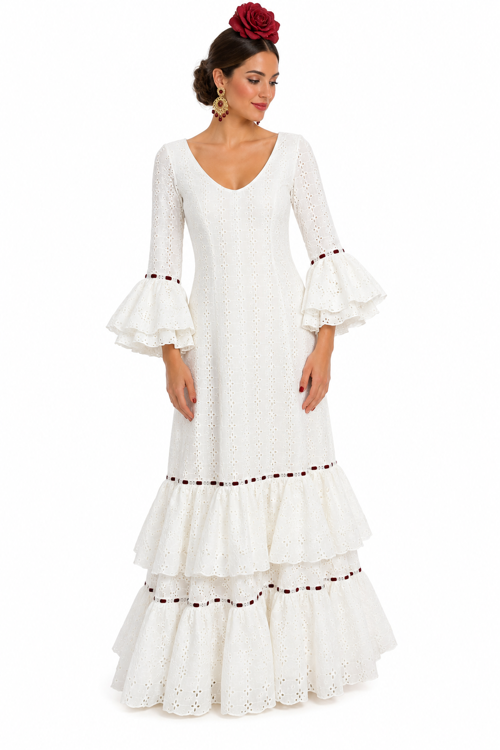 Bata flamenca ania perforada blanca con terciopelo burdeos