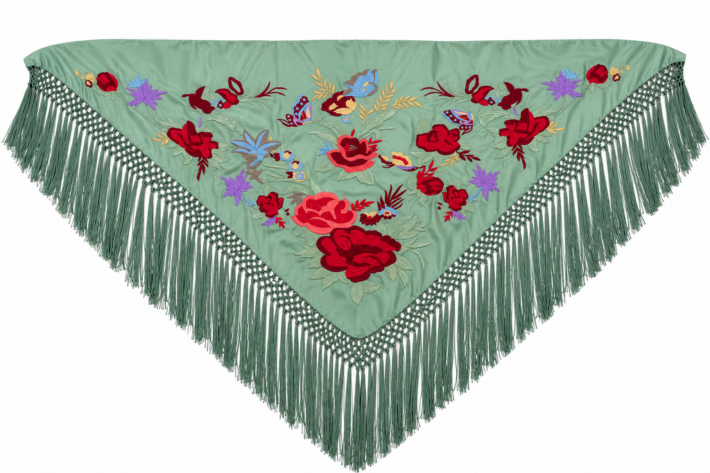 MANTON SEDA ANASTASIA VERDE JABONOSO BORDADO ROJO