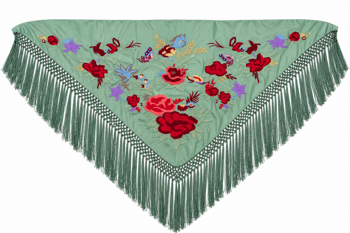 MANTON SEDA ANASTASIA VERDE JABONOSO BORDADO ROJO