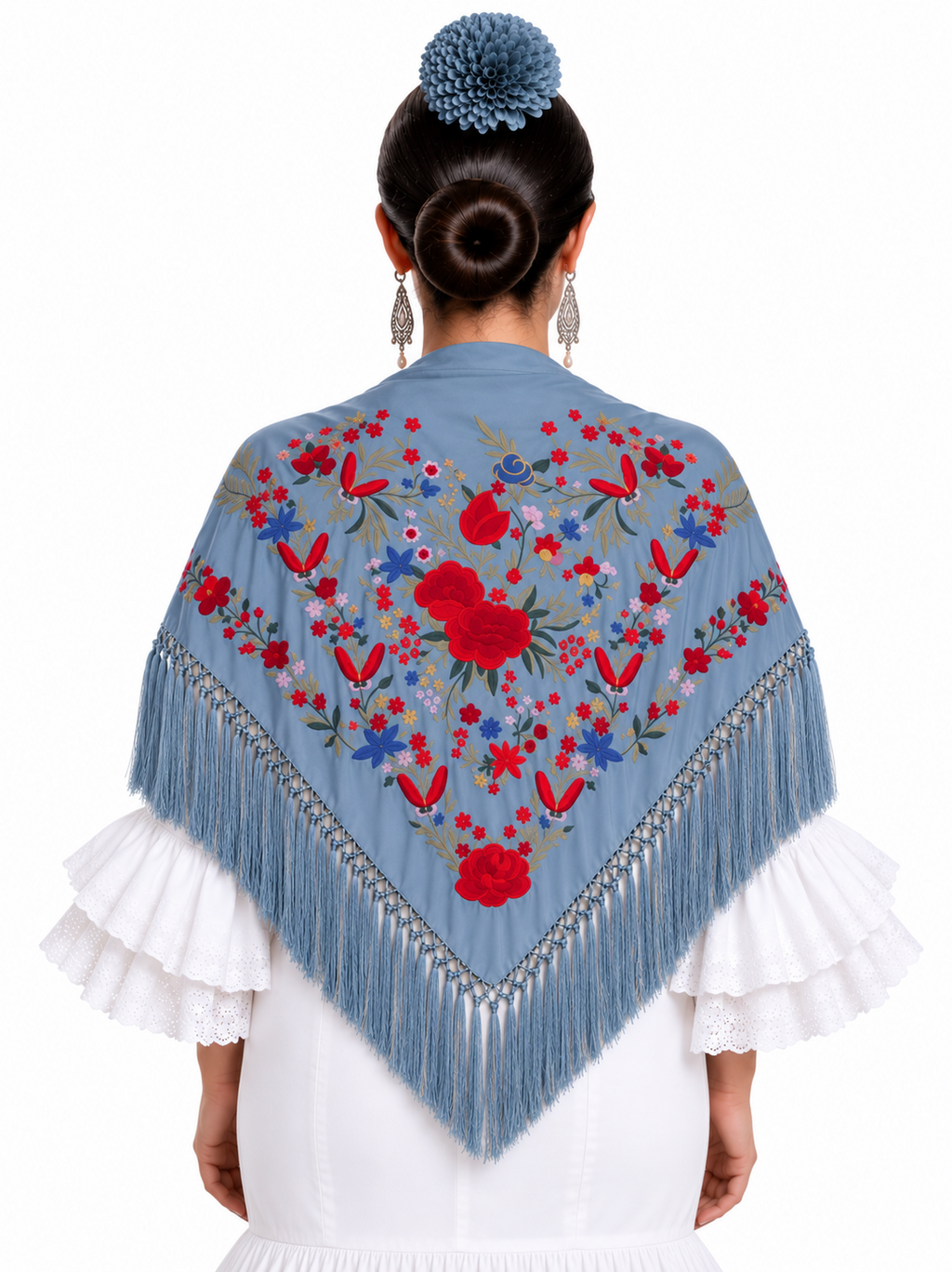 MANTON SEDA RAQUEL AZUL BORDADO ROJO