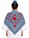 MANTON SEDA RAQUEL AZUL BORDADO ROJO