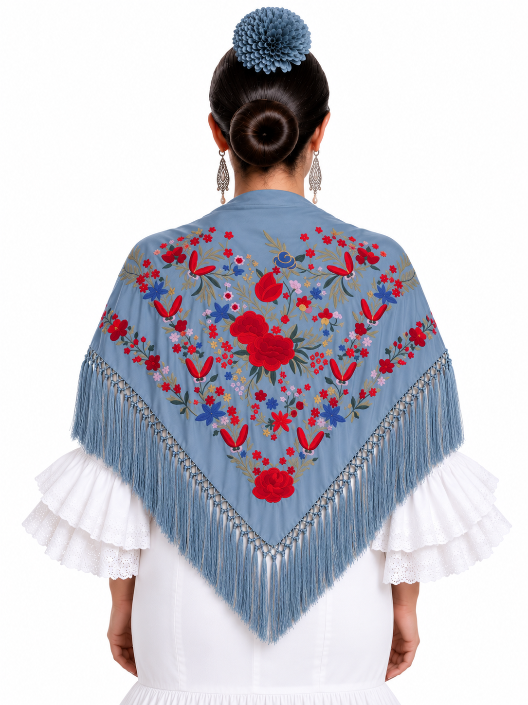 MANTON SEDA RAQUEL AZUL BORDADO ROJO