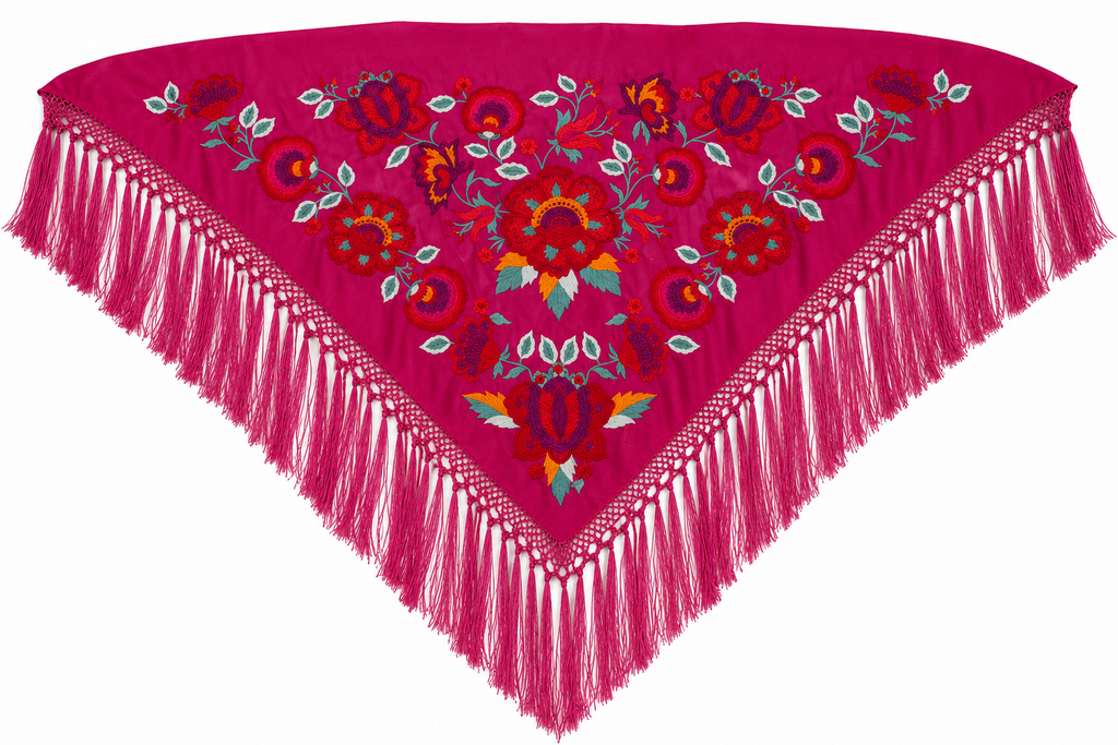 MANTON SEDA ARACELI FUCSIA BORDADO ROJO
