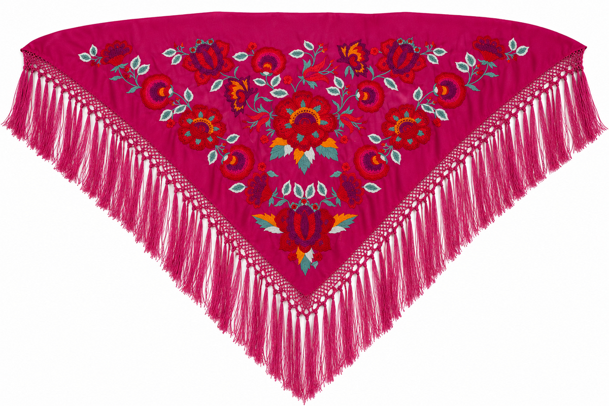 MANTON SEDA ARACELI FUCSIA BORDADO ROJO