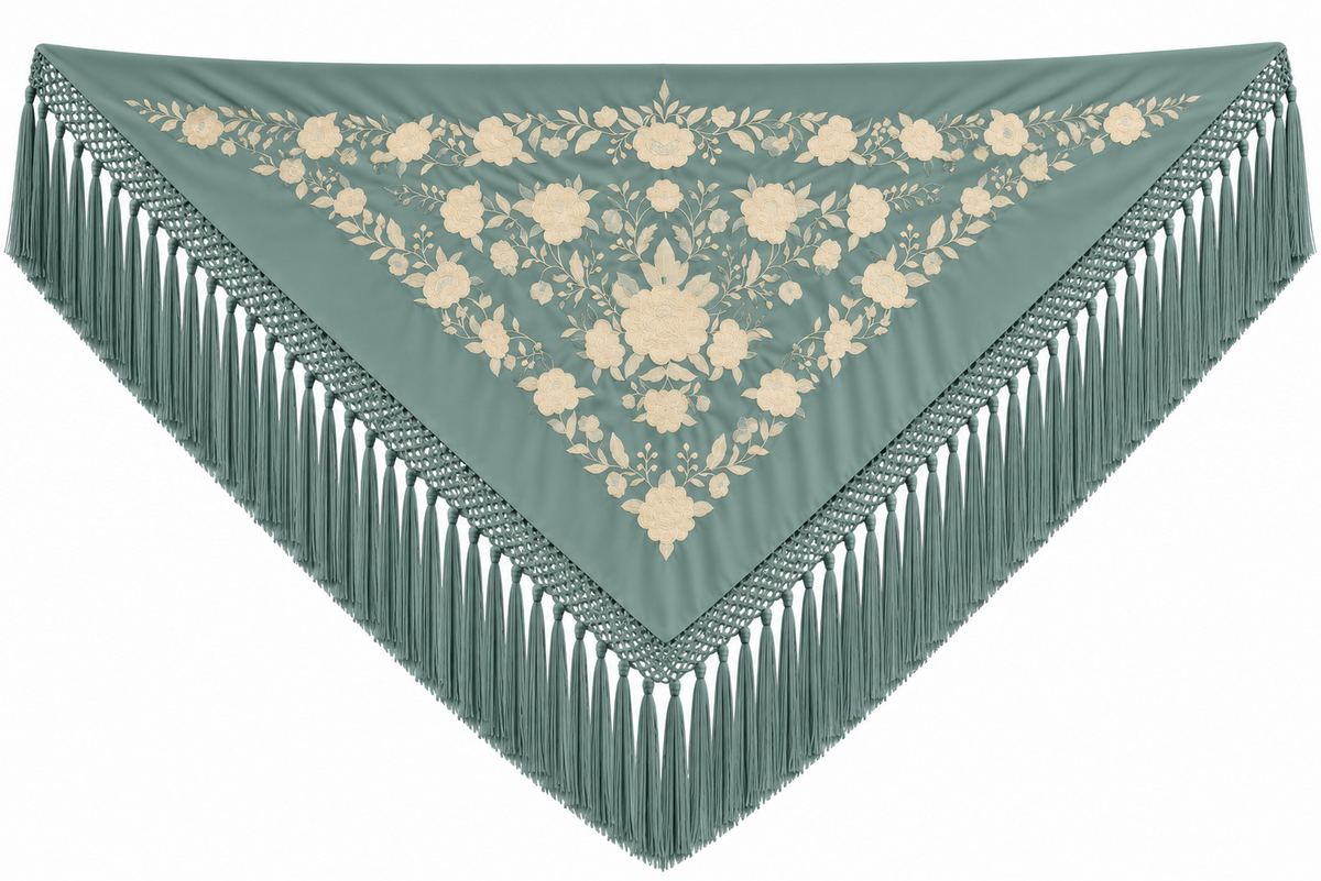 MANTON VISCOSA MARINA VERDE JABONOSO BORDADO BEIGE