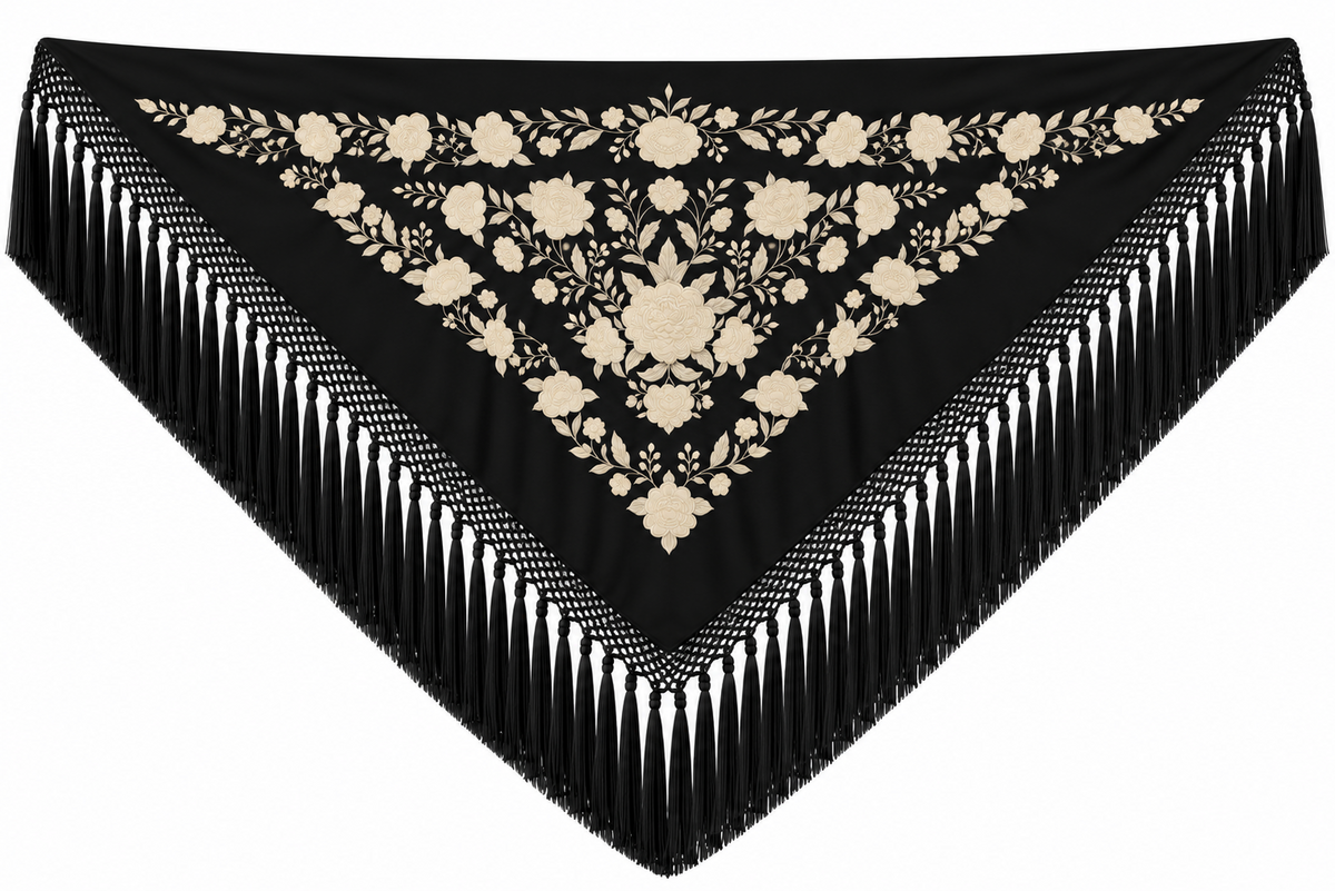 MANTON VISCOSA MARINA NEGRO BORDADO BEIGE
