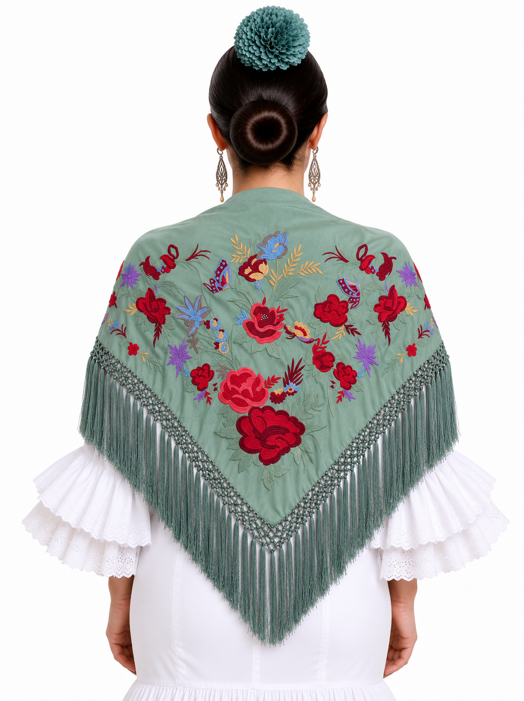 MANTON SEDA ANASTASIA VERDE JABONOSO BORDADO ROJO