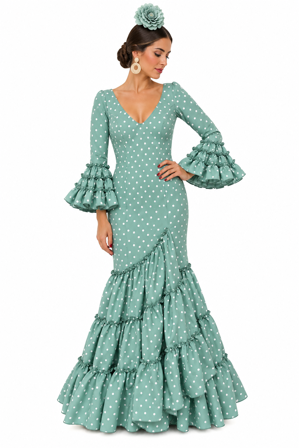 TRAJE FLAMENCA CANDELA VERDE JABONOSO LUNAR BLANCO