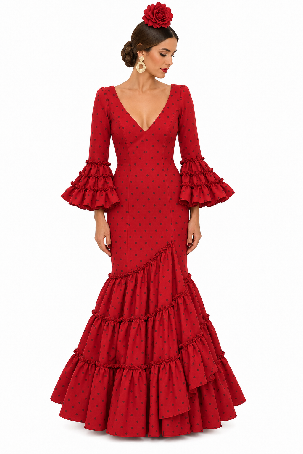 TRAJE FLAMENCA CANDELA ROJO LUNAR BURDEOS