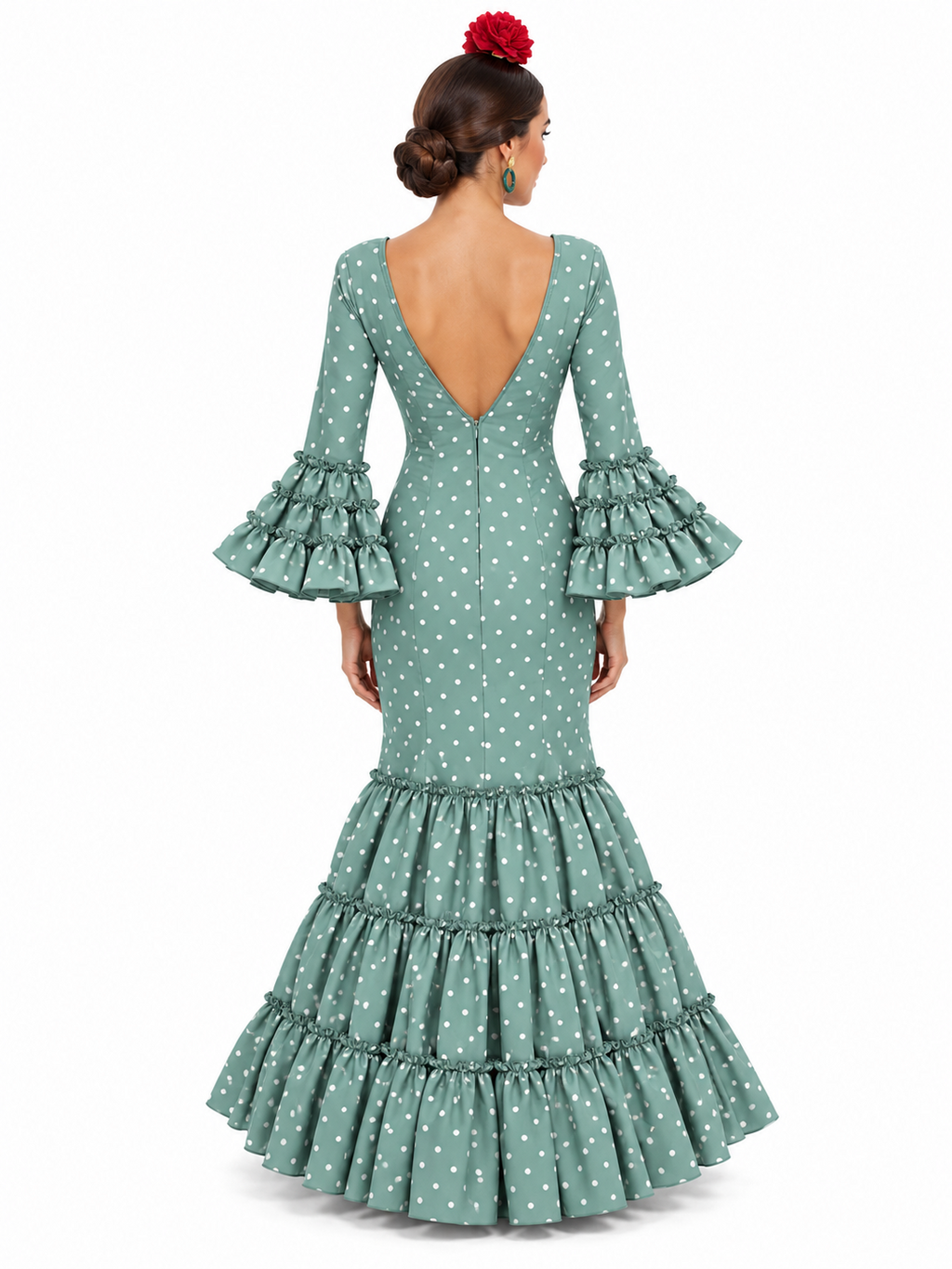 TRAJE FLAMENCA CANDELA VERDE JABONOSO LUNAR BLANCO