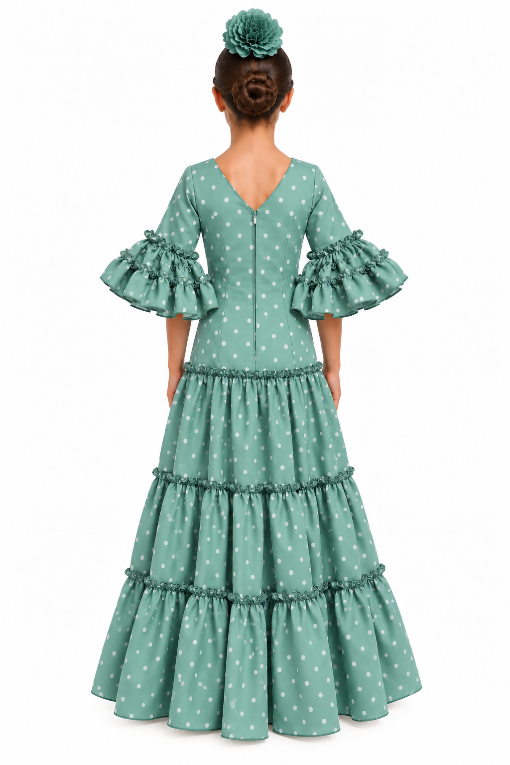 TRAJE FLAMENCA CORDOBA NIÑA VERDE JABONOSO LUNAR BLANCO
