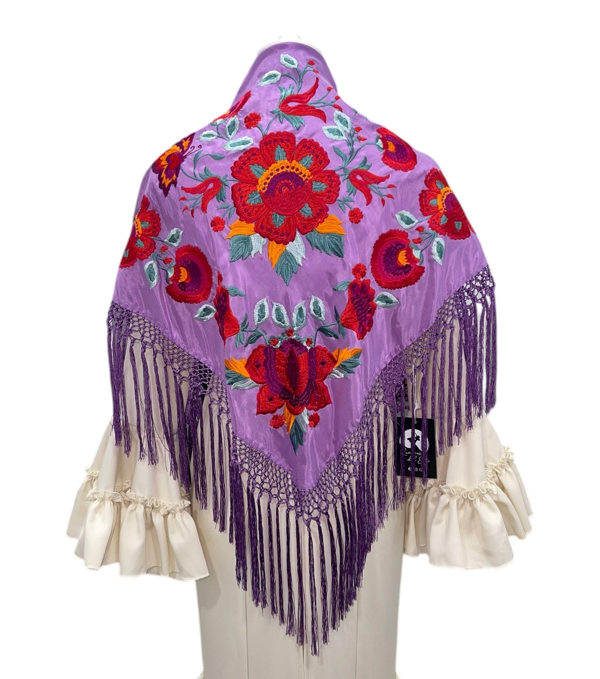 Mantón seda Araceli lila bordado rojo - Lunares del Este