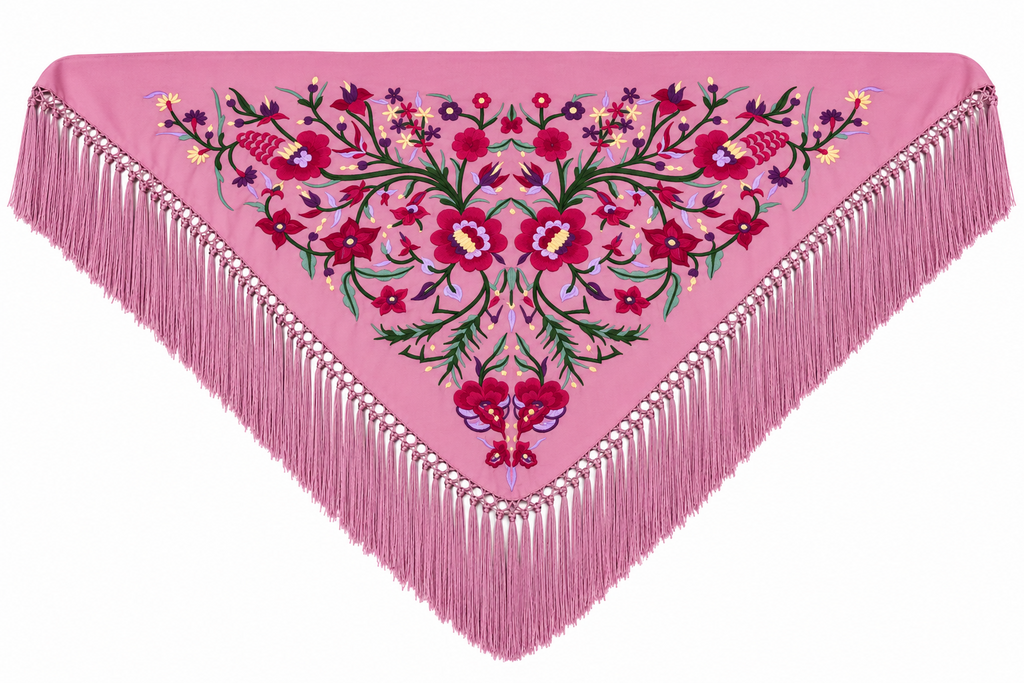 Mantón algodón Sara maquillaje bordado rojo para flamenca, otra vista