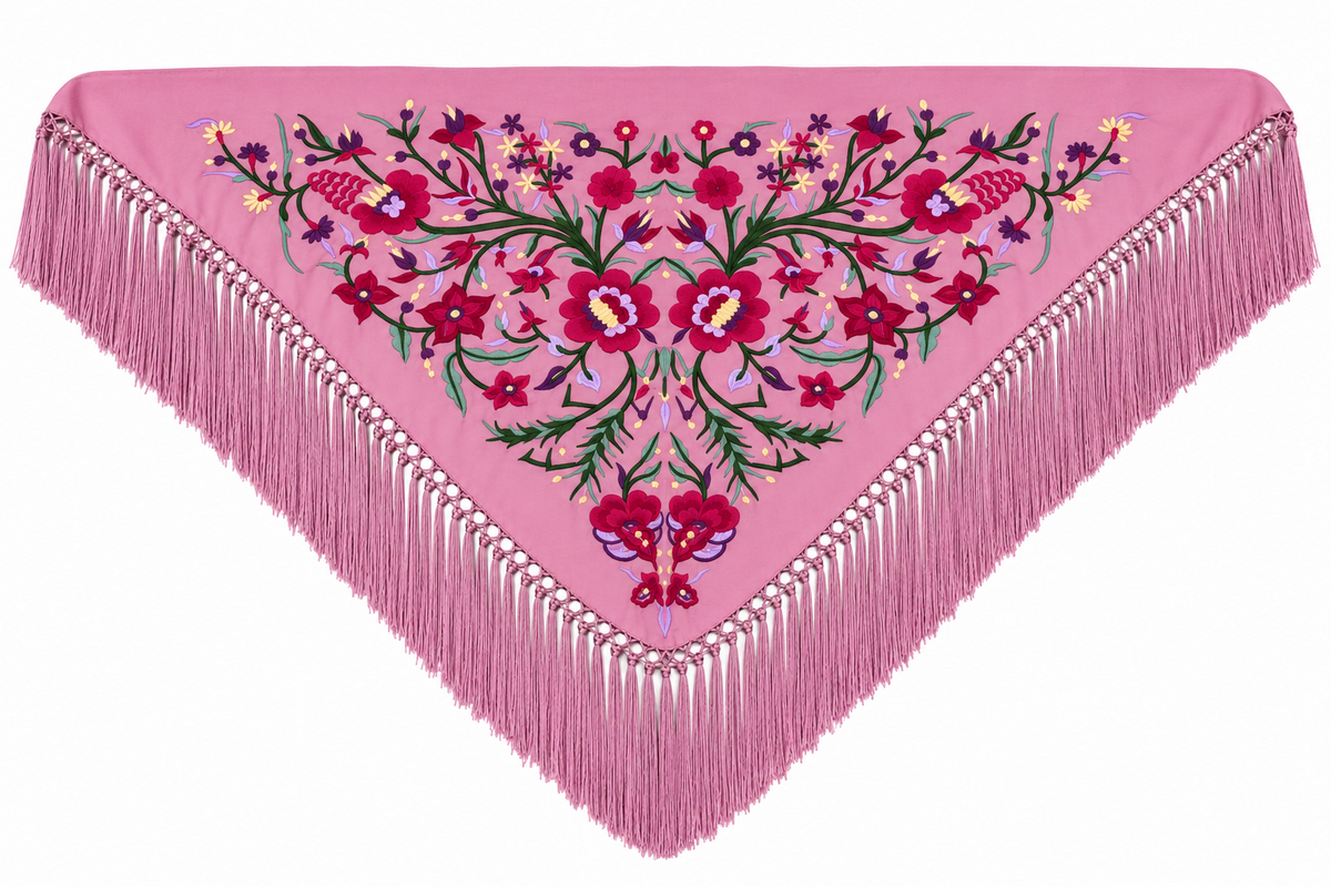 Mantón algodón Sara maquillaje bordado rojo para flamenca, otra vista