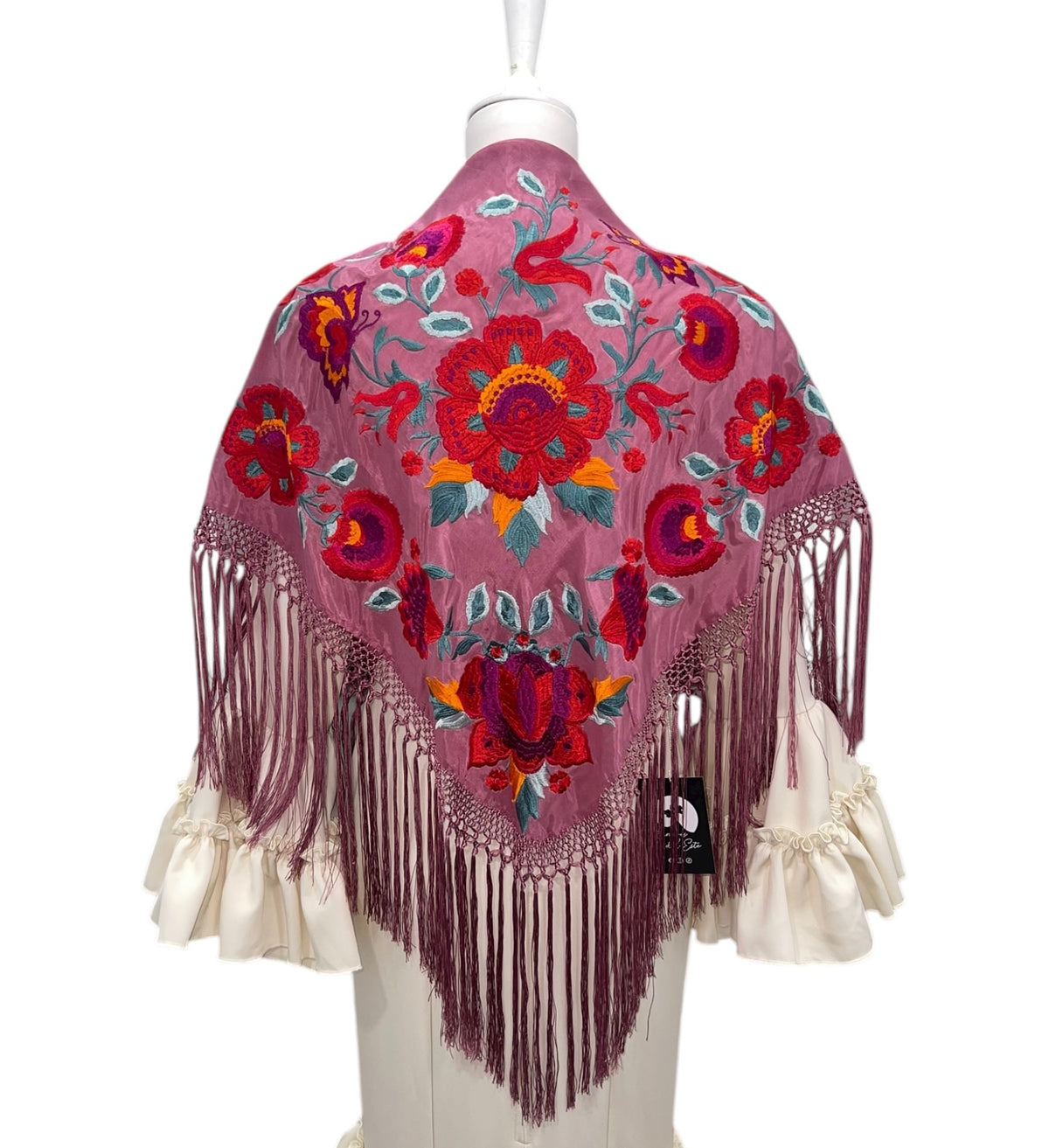 Mantón seda Araceli maquillaje bordado rojo - Lunares del Este