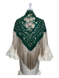 Mantón seda Isabel verde botella bordado beige - Lunares del Este