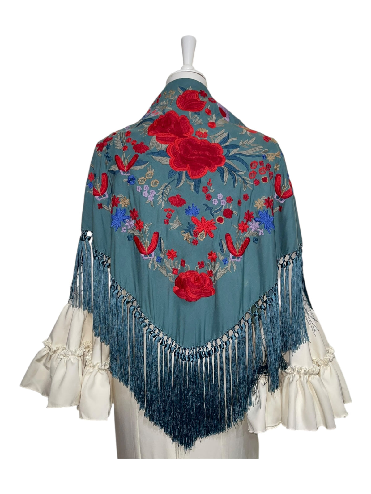 Mantón seda Raquel esmeralda bordado rojo - Lunares del Este