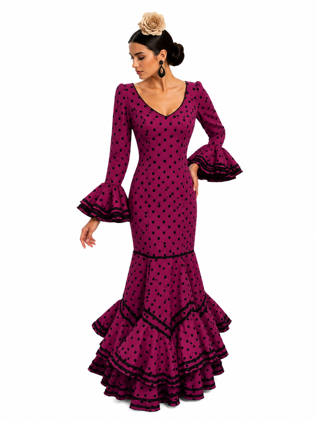 Traje flamenca azucena buganvilla lunar negro - Lunares del Este