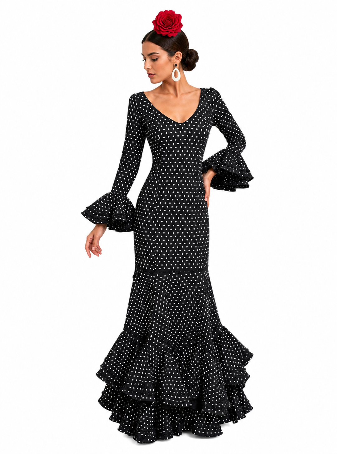 Traje flamenca azucena negro lunar blanco - Lunares del Este