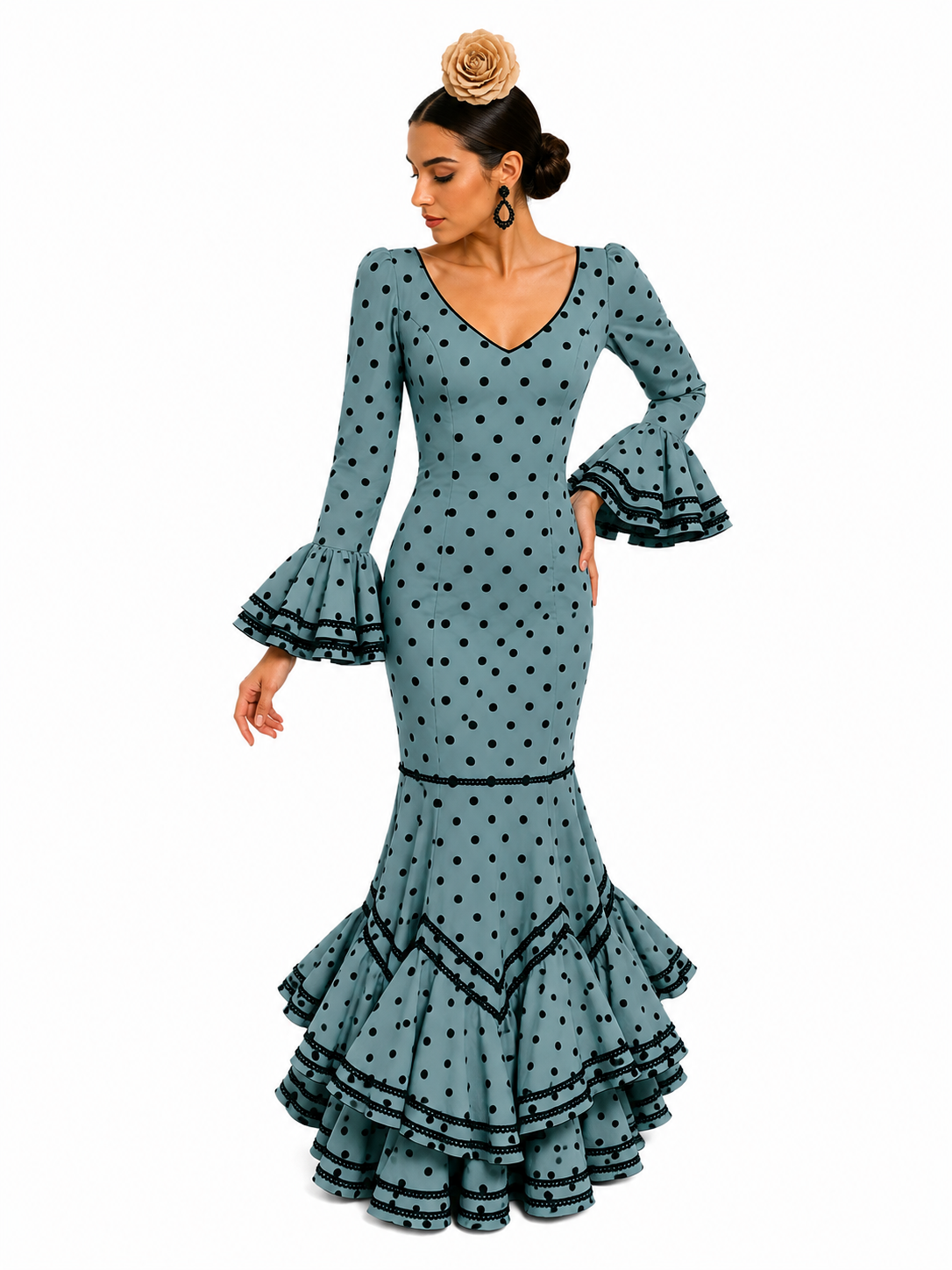 Traje flamenca azucena verde jabonoso lunar negro - Lunares del Este