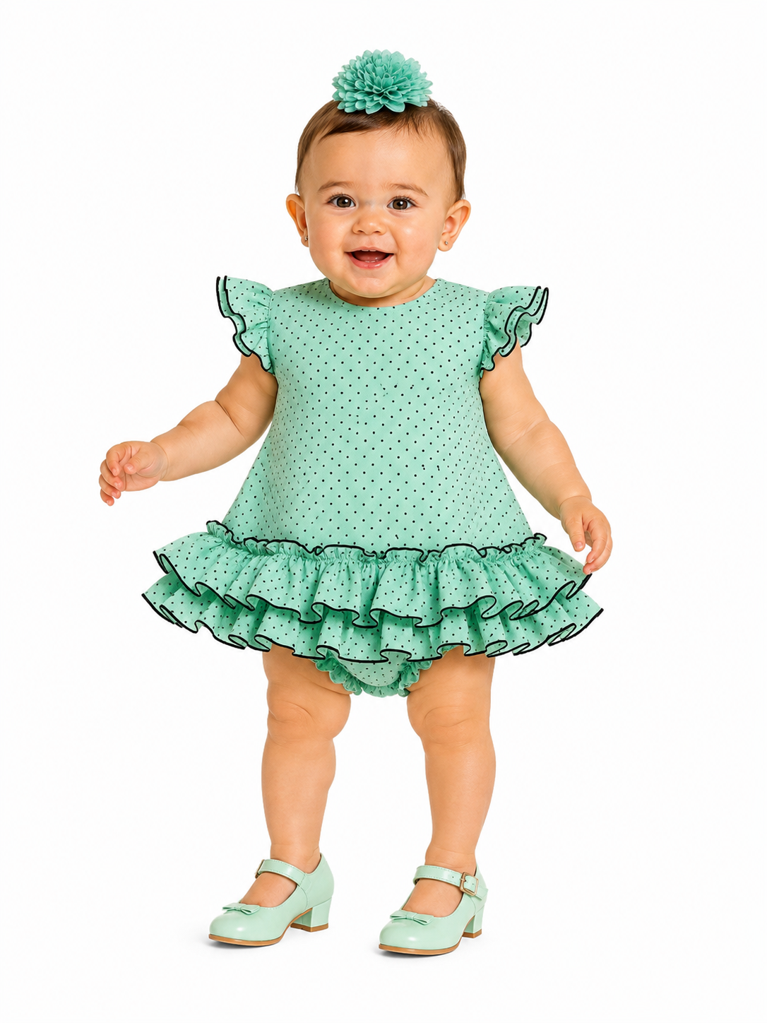 Traje flamenca bebe mariquilla verde lunar negro - Lunares del Este