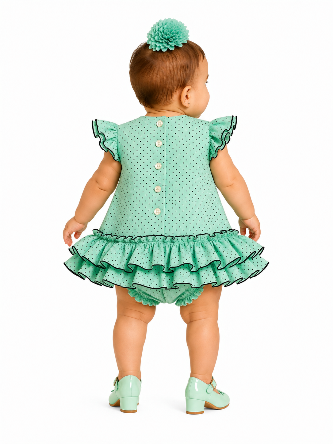Traje flamenca bebe mariquilla verde lunar negro - Lunares del Este (detalle)