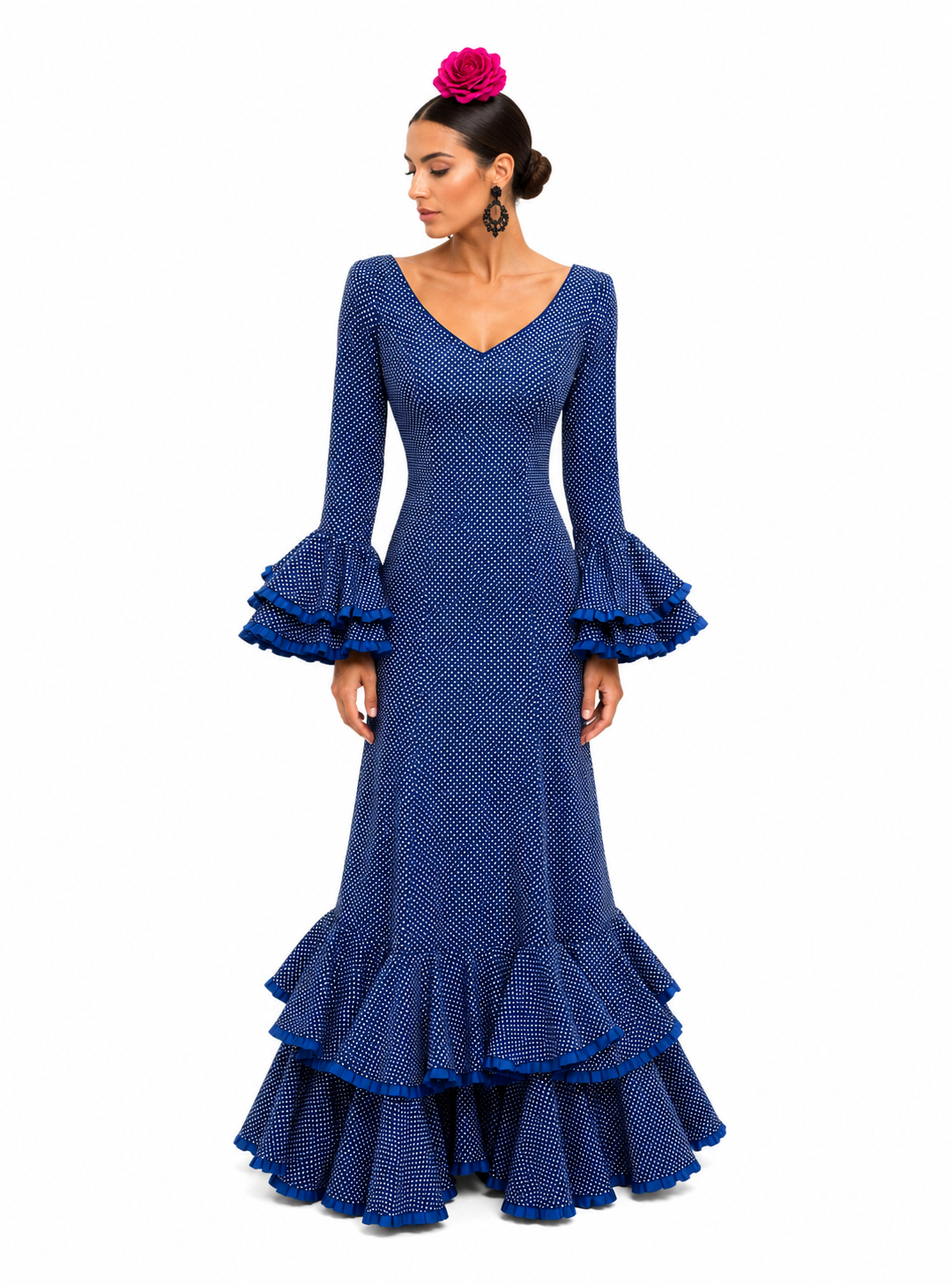 Traje flamenca carmela azulina lunar blanco - Lunares del Este