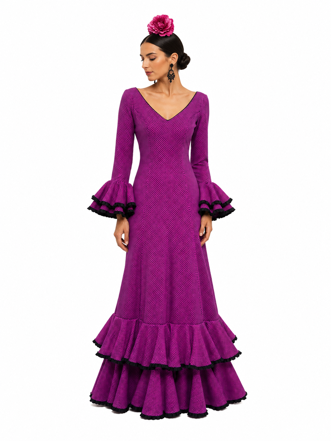 Traje flamenca carmela buganvilla lunar negro - Lunares del Este