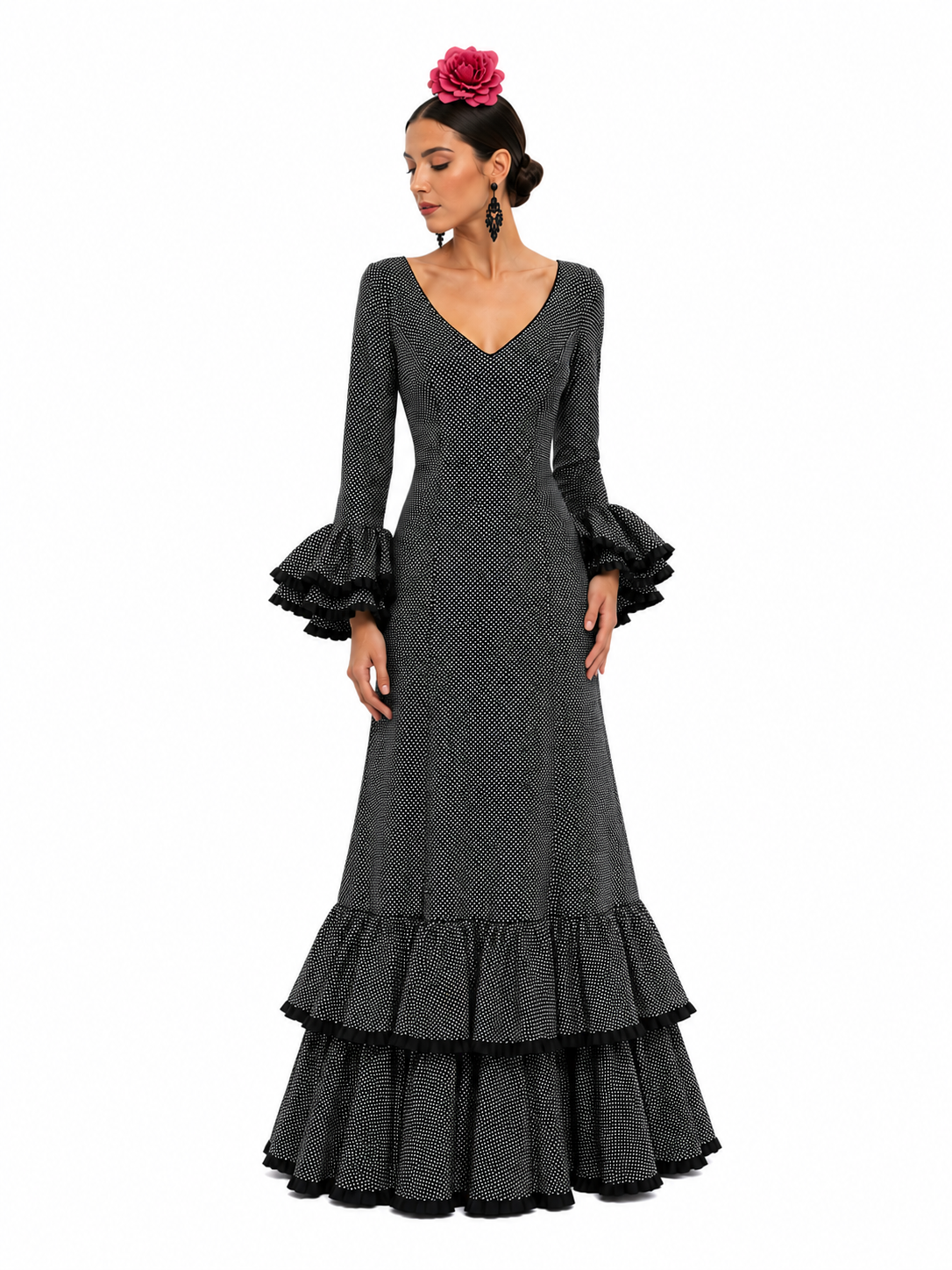 Traje flamenca carmela negro lunar blanco - Lunares del Este