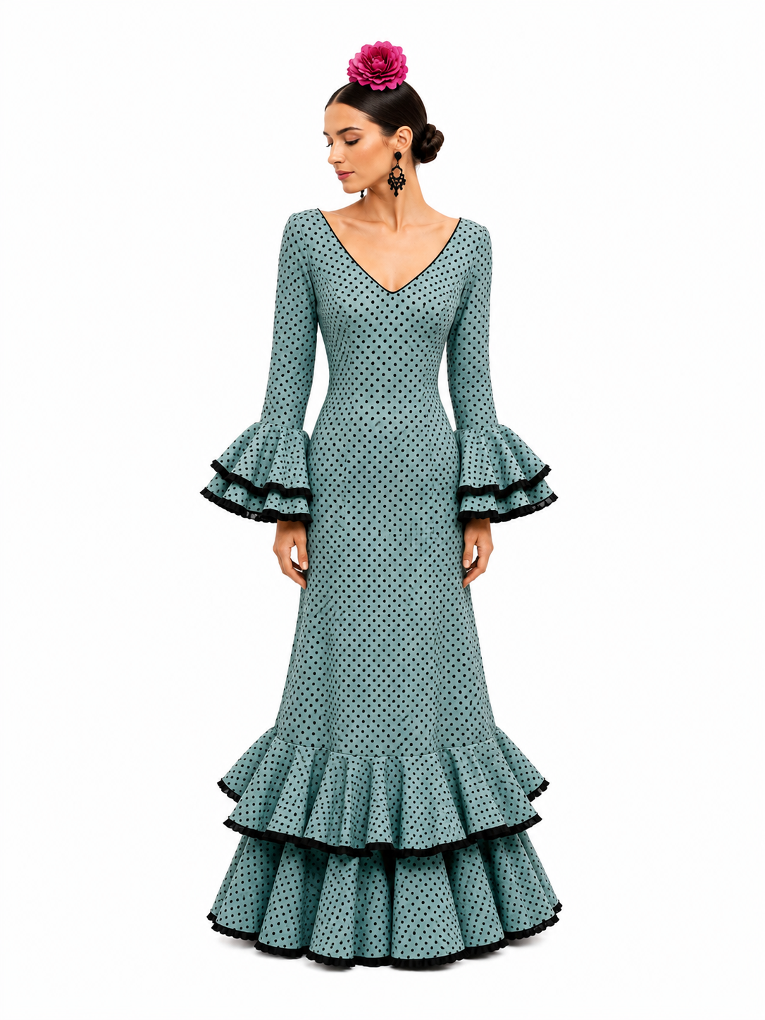 Traje flamenca carmela verde jabonoso lunar negro - Lunares del Este