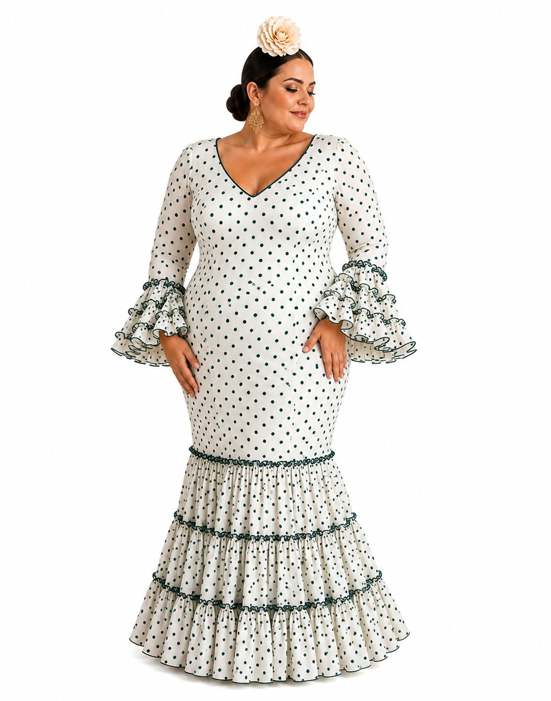 Traje flamenca cordoba beige lunar verde - Lunares del Este
