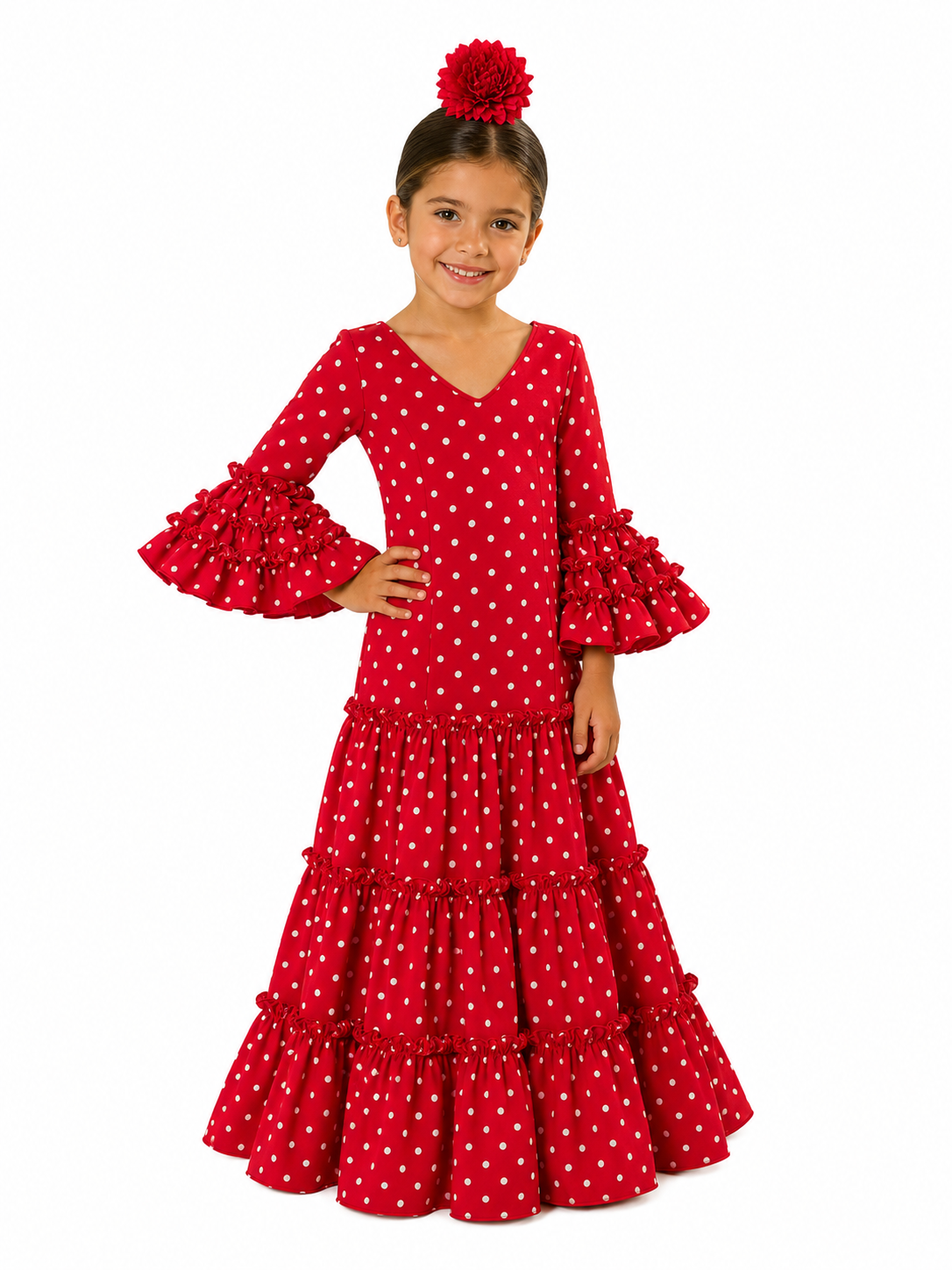 Traje flamenca niña cordoba rojo lunar blanco - Lunares del Este