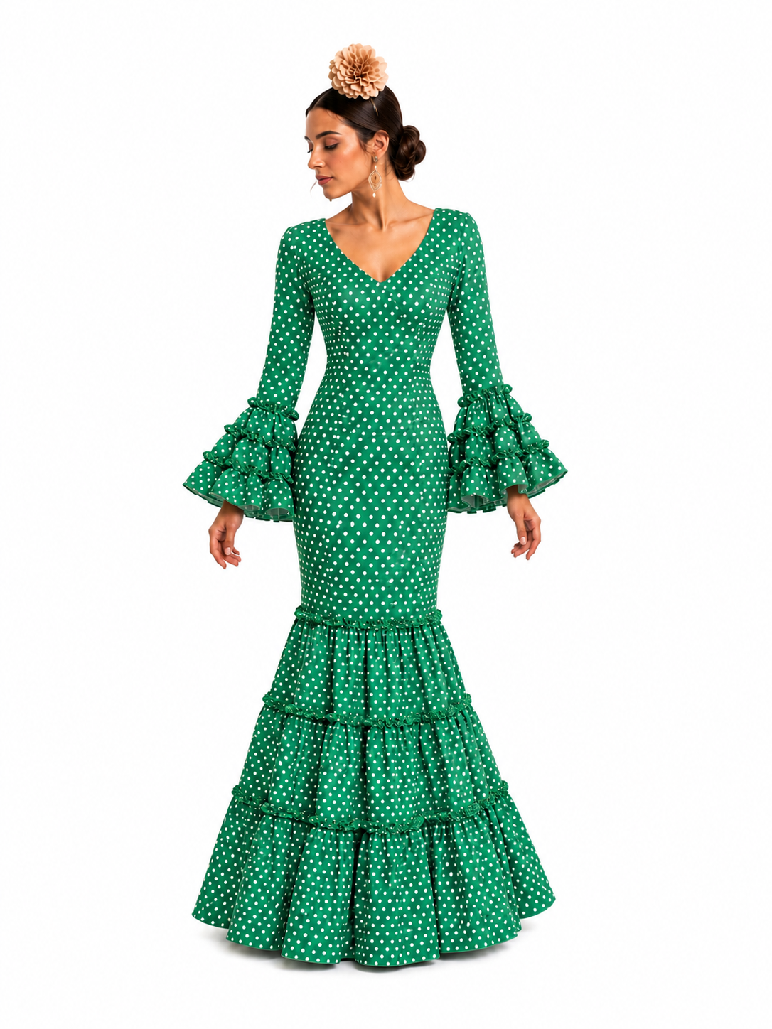 Traje flamenca cordoba verde lunar blanco - Lunares del Este