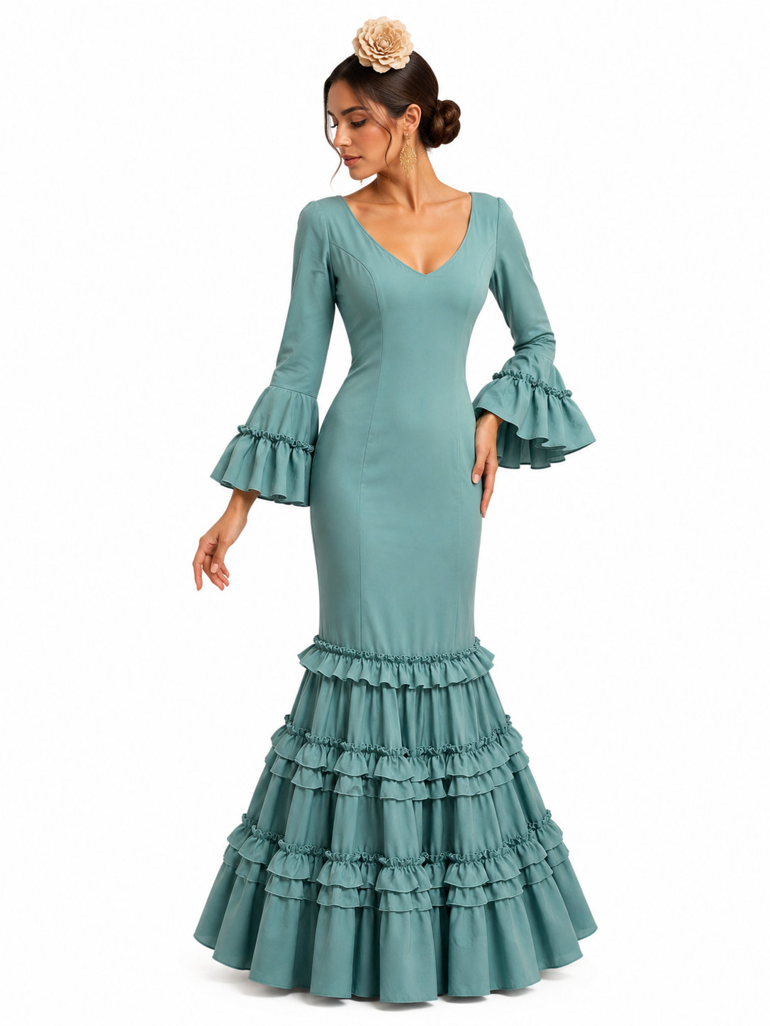 Traje flamenca granada verde jabonoso - Lunares del Este