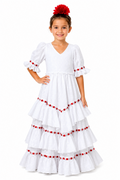 Traje flamenca niña jimena perforado blanco con terciopelo rojo - Lunares del Este