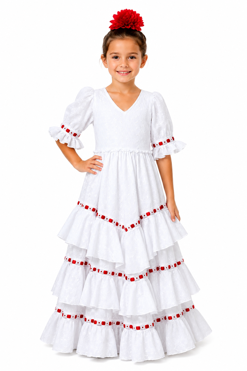 Traje flamenca niña jimena perforado blanco con terciopelo rojo - Lunares del Este