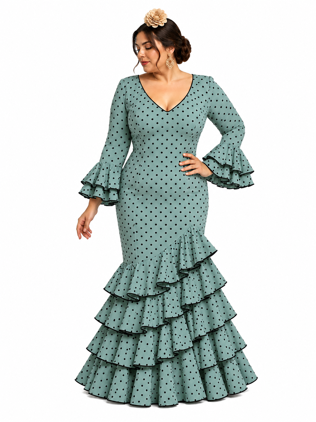 Traje flamenca lolita verde jabonoso lunar negro - Lunares del Este