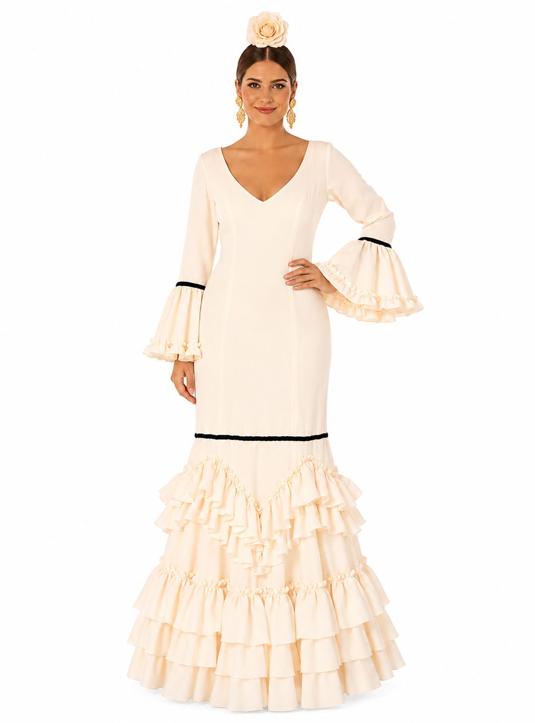 Traje flamenca madrid beige terciopelo negro - Lunares del Este