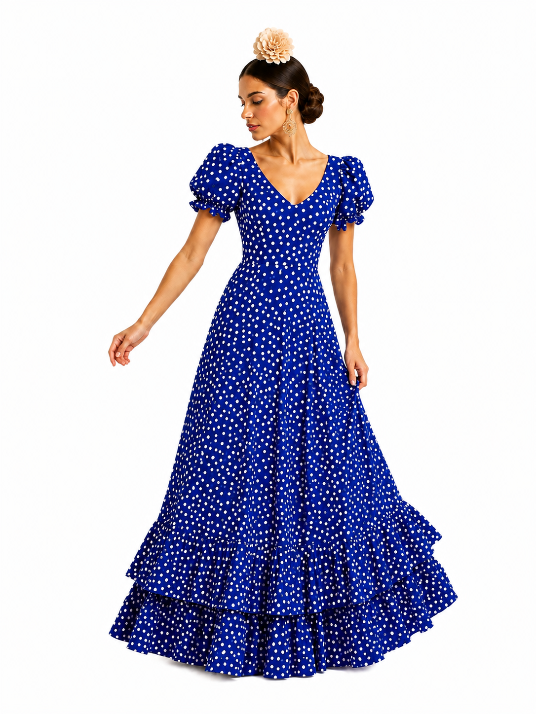 Traje flamenca marina azulina lunar blanco - Lunares del Este