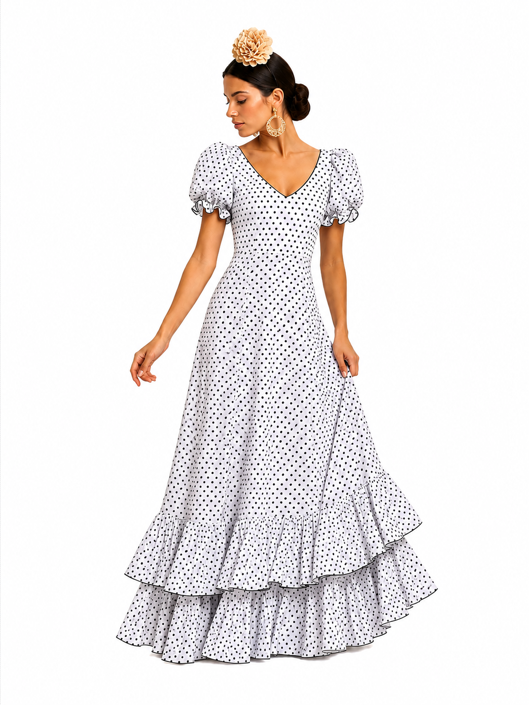 Traje flamenca marina blanco lunar negro - Lunares del Este