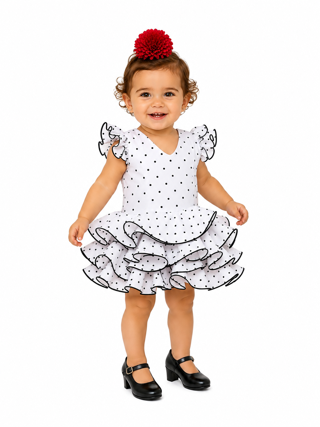 Traje flamenca bebe marisol blanco lunar negro - Lunares del Este