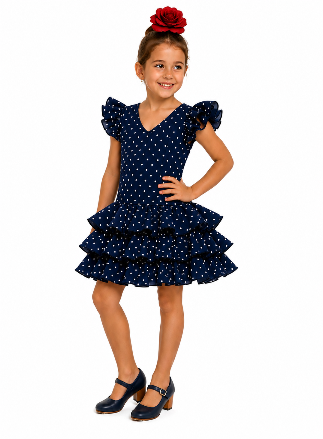 Traje flamenca niña marisol azul marino lunar blanco - Lunares del Este