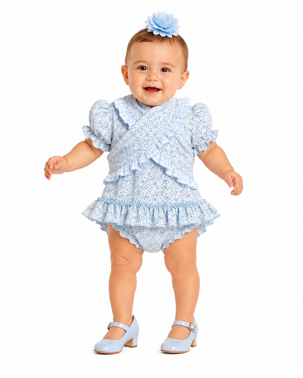 Traje flamenca bebe nuria blanco flores celestes con piquillo - Lunares del Este