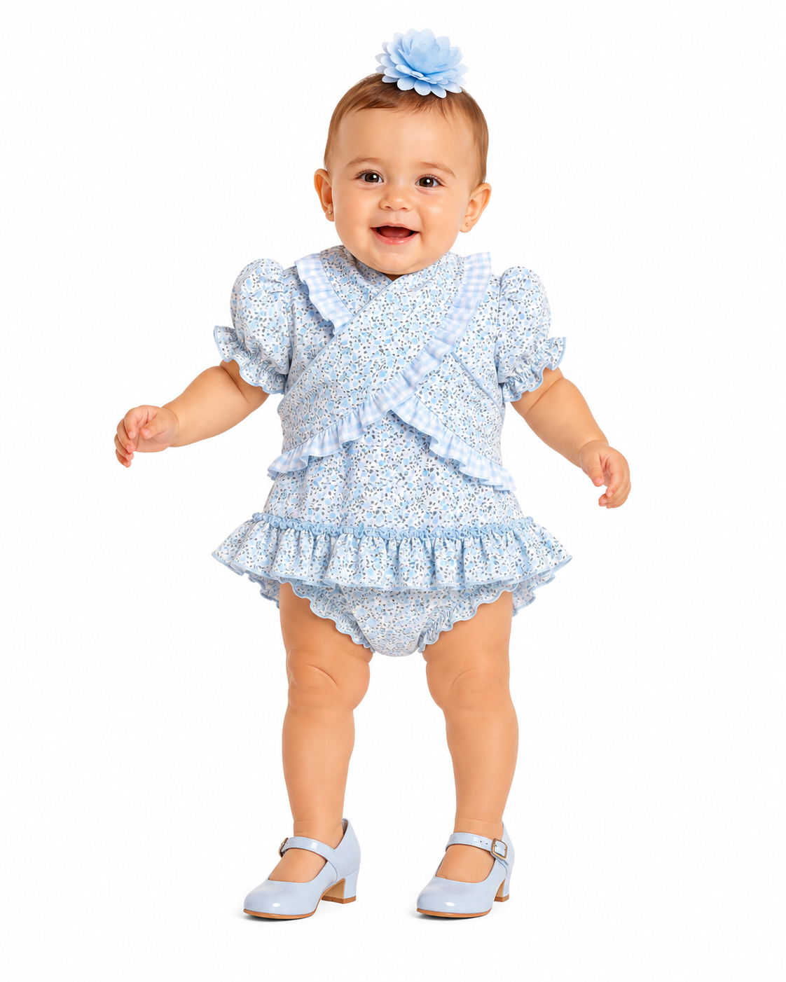 Traje flamenca bebe nuria blanco flores celestes con piquillo - Lunares del Este